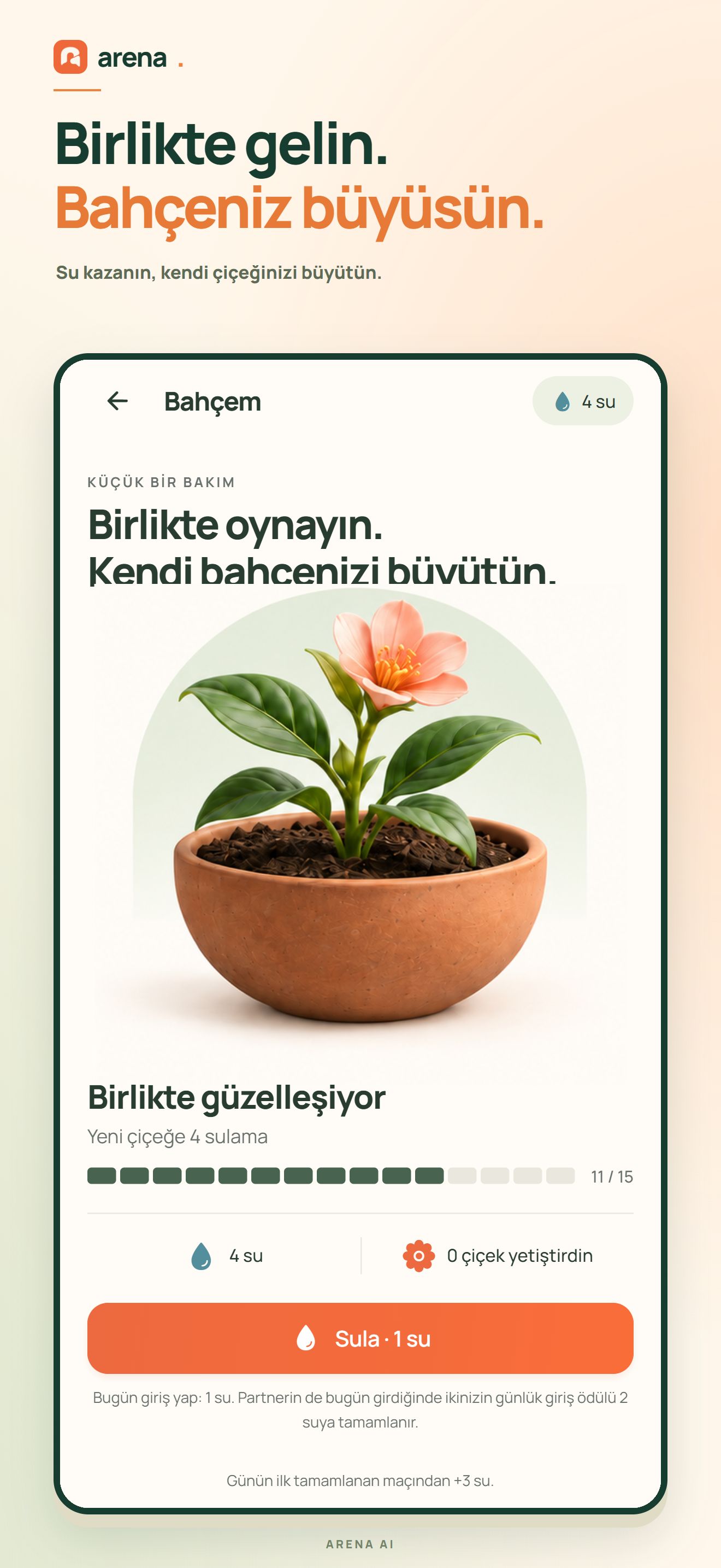 Bahçem bitkisi, su bakiyesi ve sulama ekranı