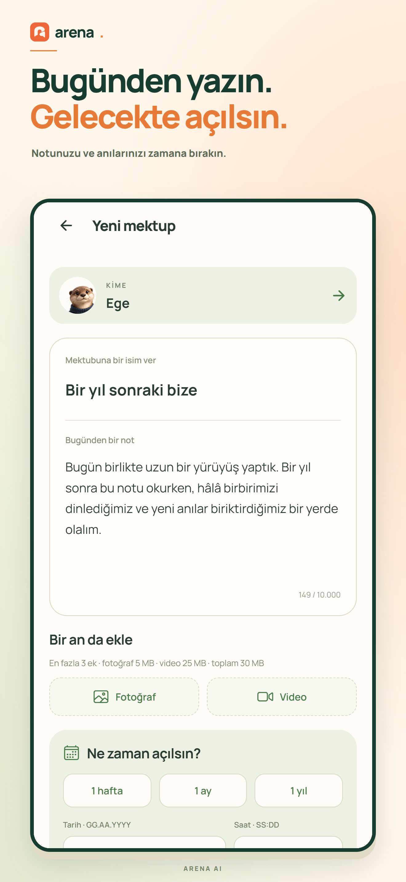 Geleceğe Mektup yazma, medya ekleme ve tarih seçme ekranı